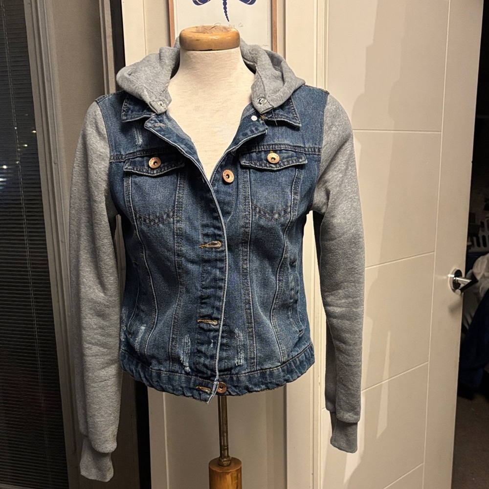 Ci Sono Blue Denim Jacket with Gray Sleeves and Hood